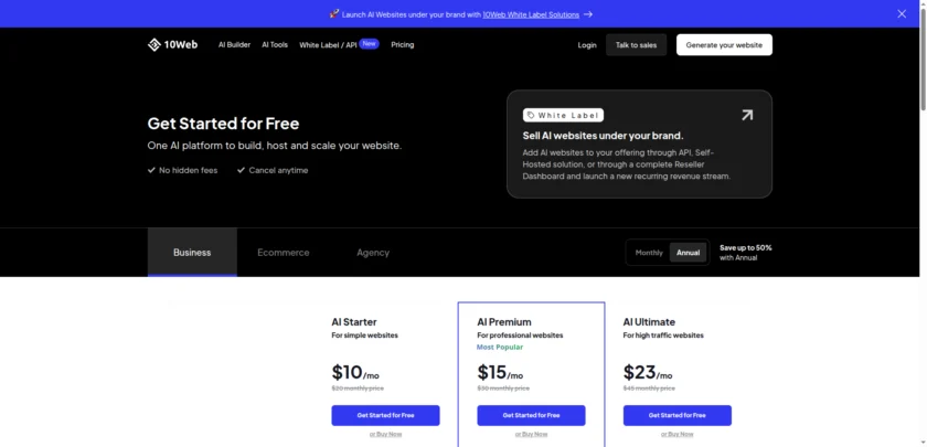 10Web AI Builder Pricing