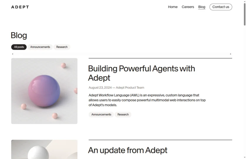Adept 官方博客展示其产品更新、AWL 工作流语言和研究发布，是理解平台演进与分发信息的主要公开入口。