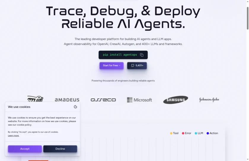 AgentOps 官方首页展示 pip install agentops 与多框架支持信息，可用于说明开发者接入路径。