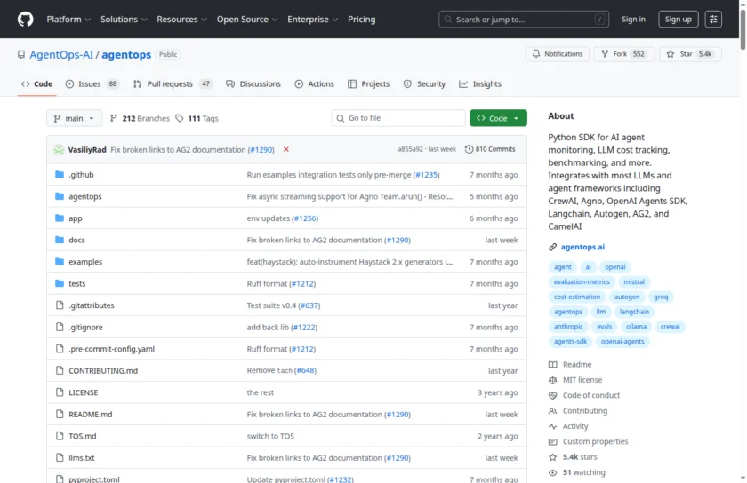 AgentOps GitHub 仓库作为官方分发入口，适合说明 SDK 接入、版本分发与开发者使用路径。