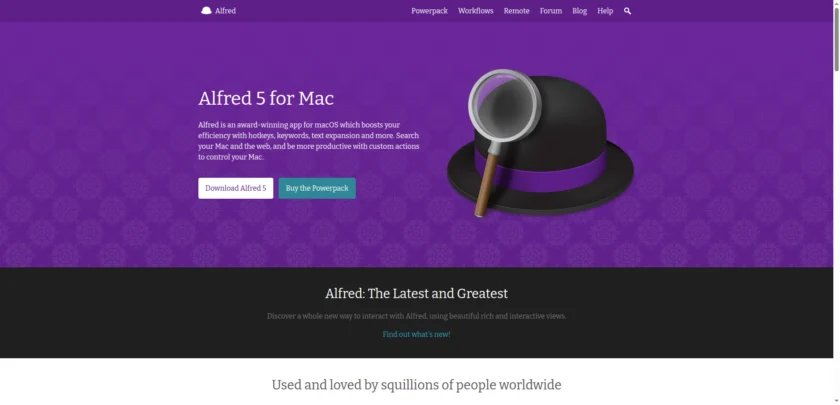 Alfred 官网首页，展示 macOS 启动器与搜索能力