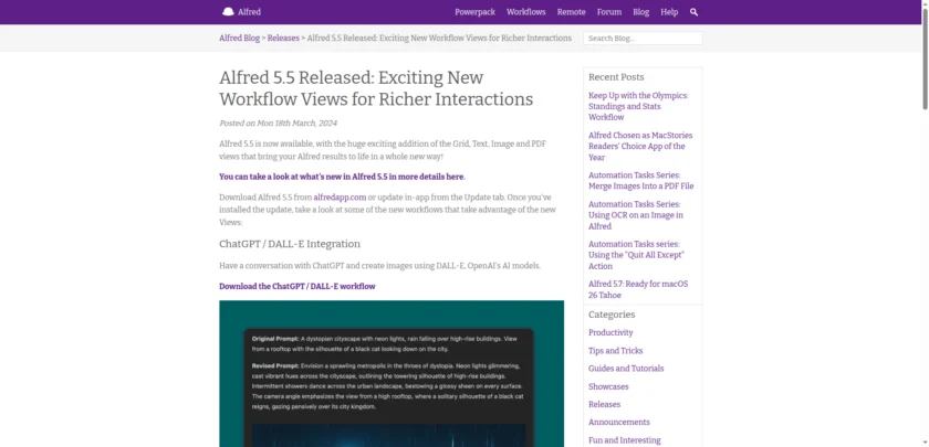 Alfred Workflows 页面，展示通过工作流扩展 AI 搜索与自动化