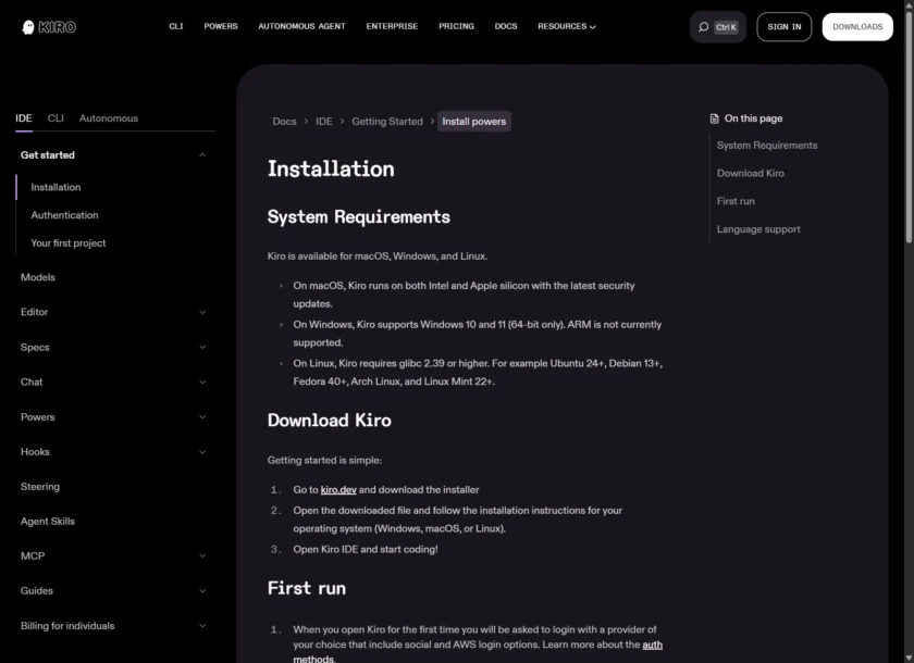 Kiro 安装页面截图