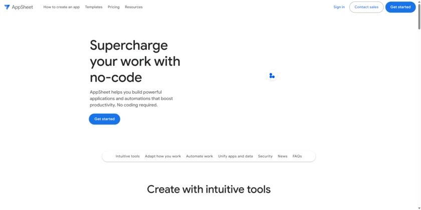 AppSheet 官网页面：无代码构建应用与自动化，并强调与 Google Workspace 的集成