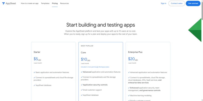 AppSheet 定价页面：Starter/Core/Enterprise Plus 计划与能力差异概览