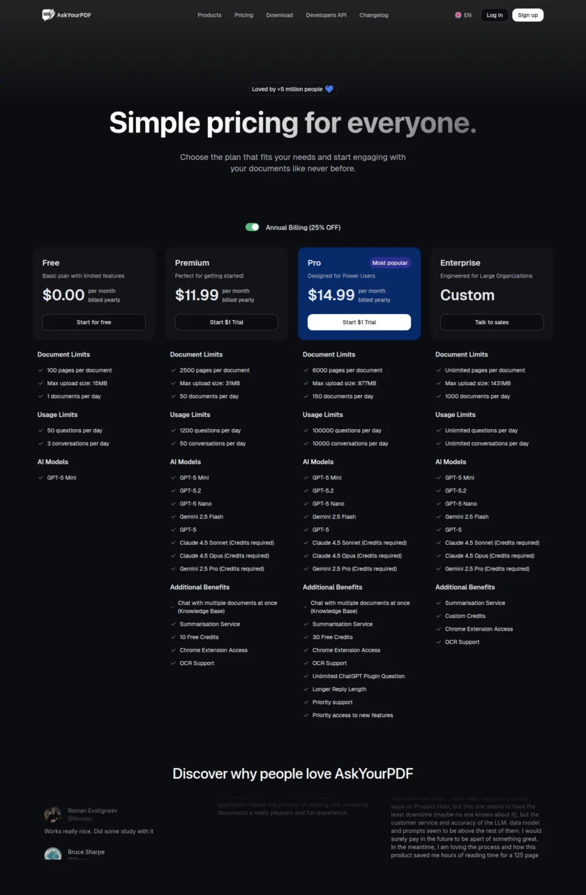 AskYourPDF 定价或能力说明截图