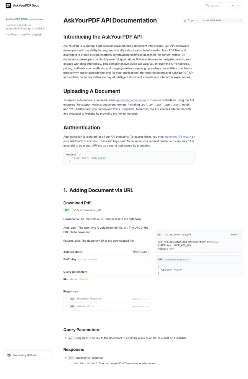 AskYourPDF 文档或开发者页面截图