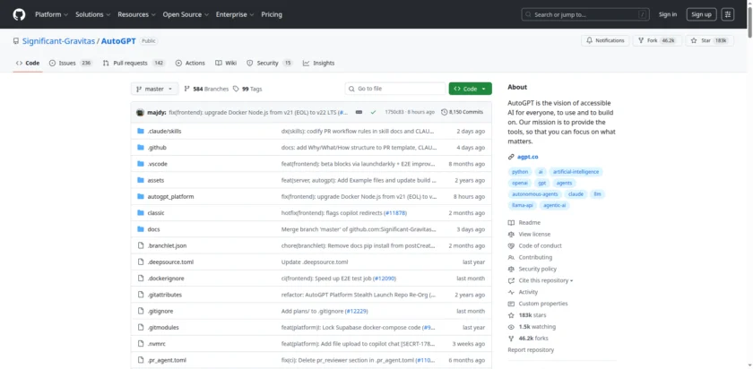 AutoGPT GitHub 首页，展示项目定位与代码仓库信息