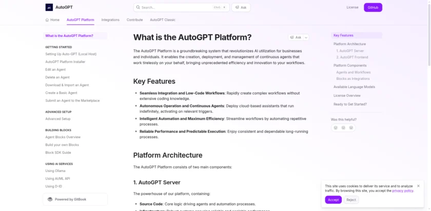 AutoGPT 文档站，展示自托管与快速开始相关说明