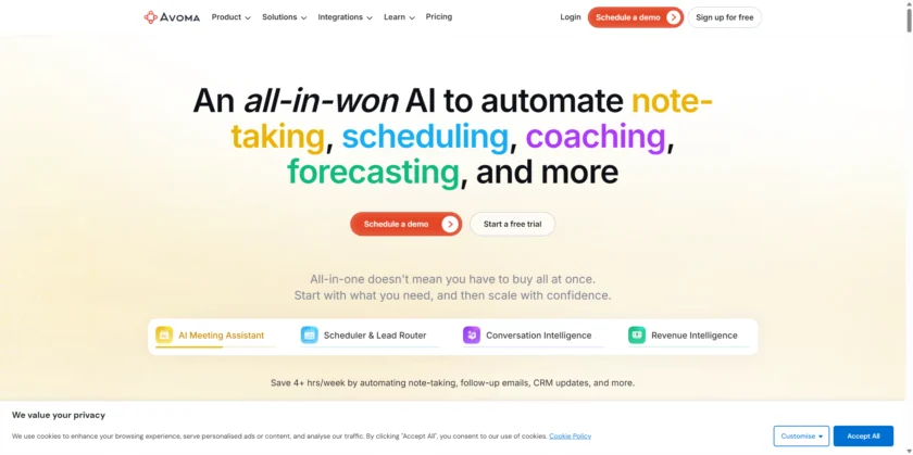 Avoma 官网首页展示 AI 会议助手功能
