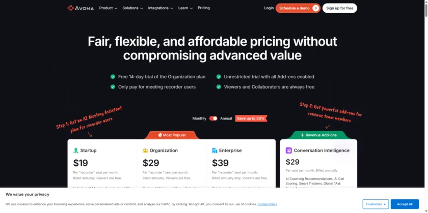 Avoma AI 会议助手功能界面展示