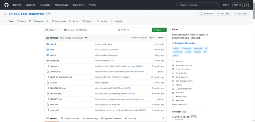 BeeAI Framework GitHub 首页，展示仓库与框架定位