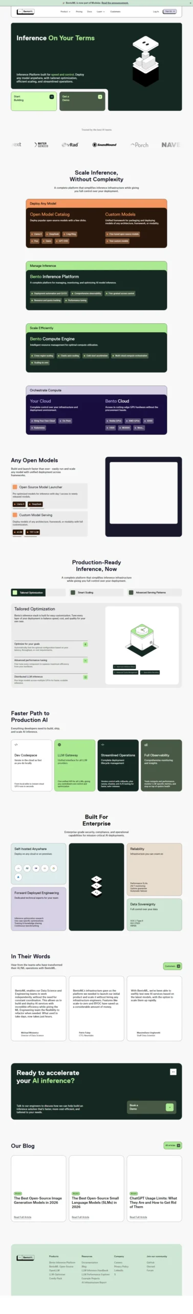 BentoML 官网首页展示推理规模化与产品定位