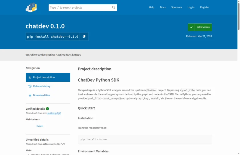 ChatDev 的 PyPI 页面展示官方 SDK 包信息、安装方式与 Apache 许可证分类。