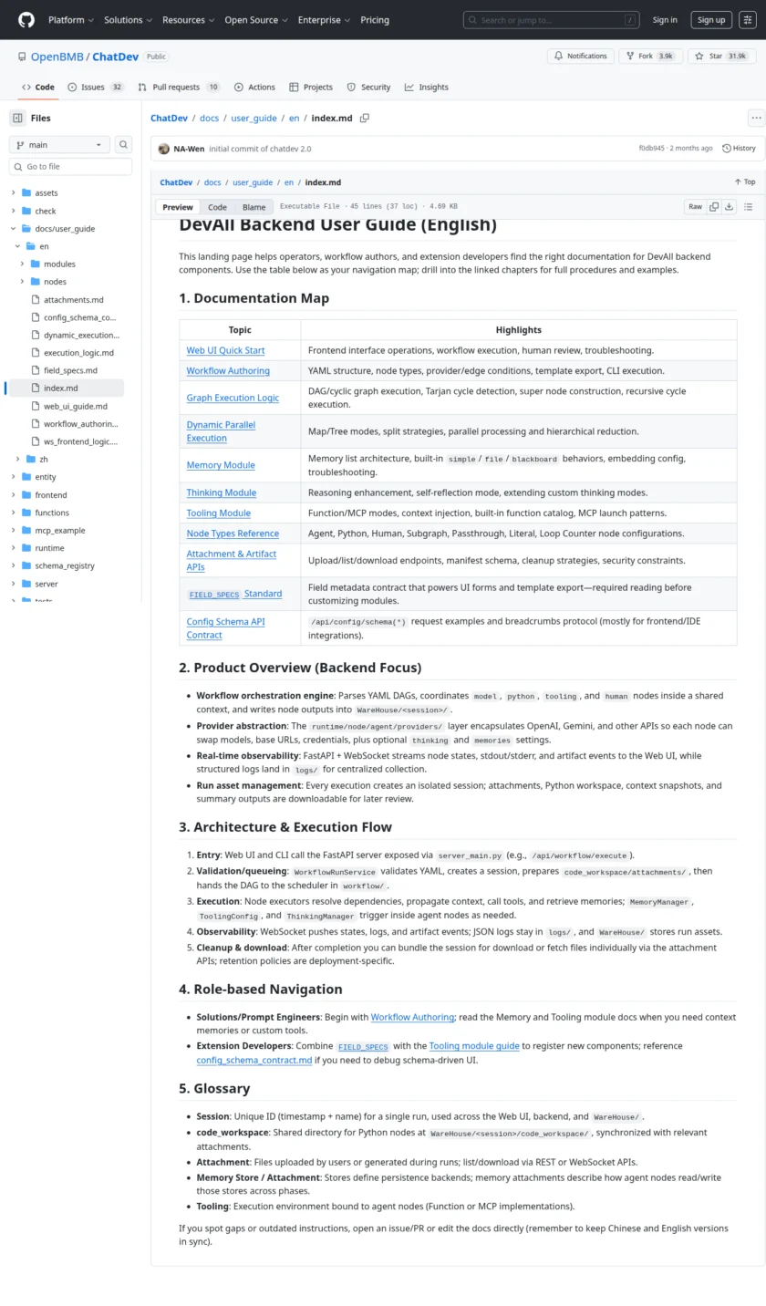 ChatDev 官方文档索引页和快速入门说明展示其本地启动、工作流作者化与模块文档入口。