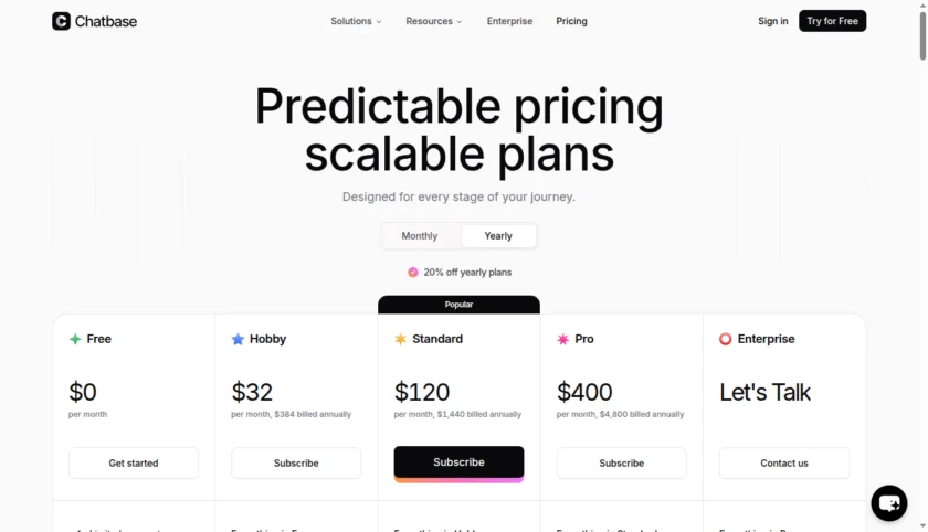 Chatbase 定价或套餐页面截图