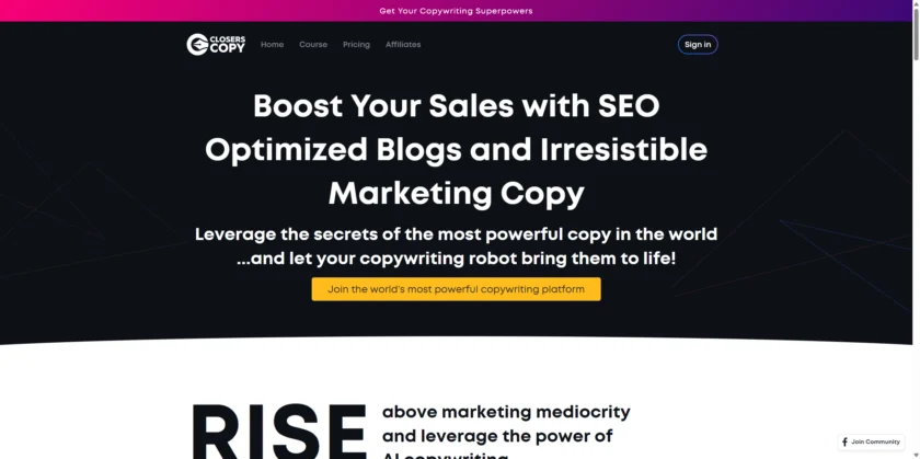 ClosersCopy 官网首页展示产品定位与入口