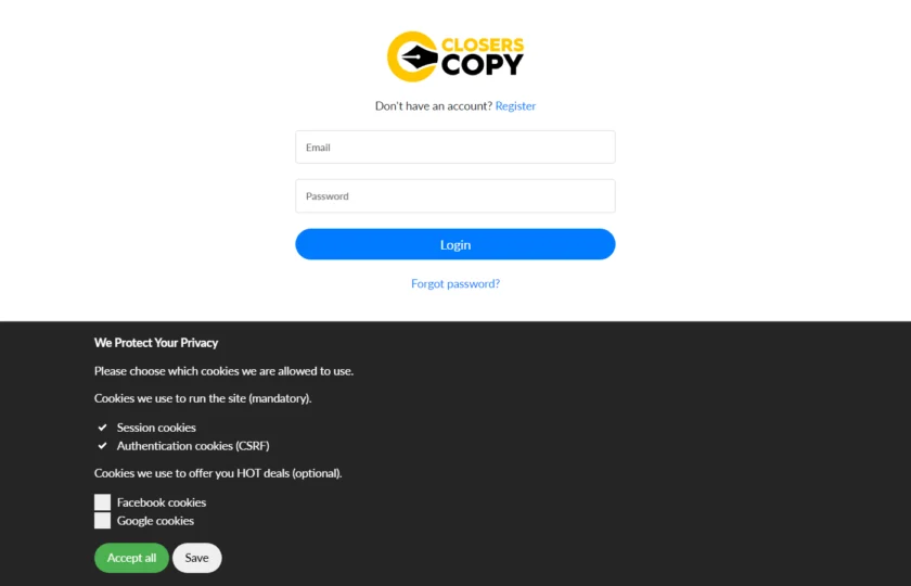 ClosersCopy 登录页展示账号进入与使用入口