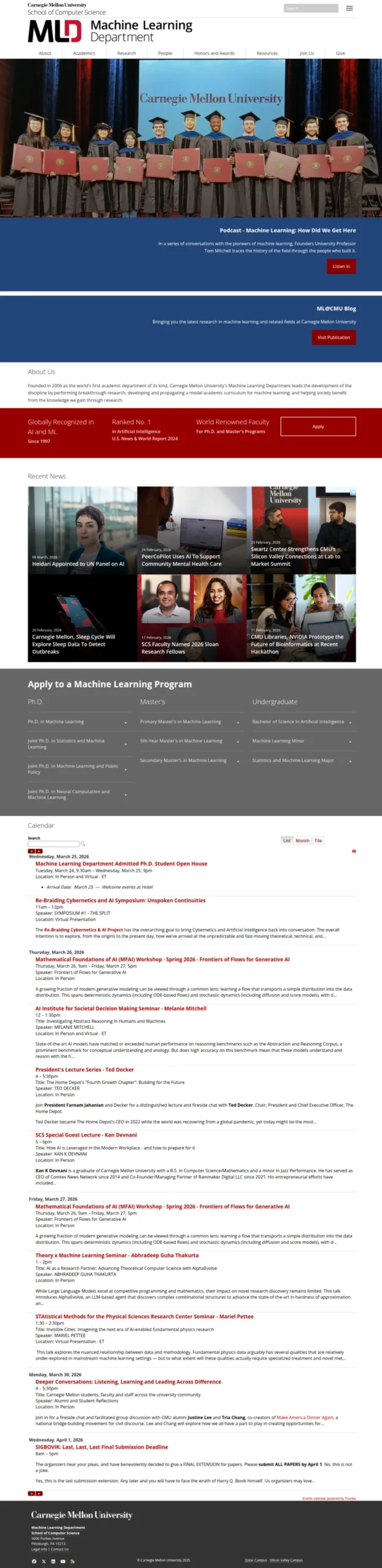 截图展示 ML@CMU 官方首页，页面明确表明这是卡内基梅隆大学机器学习系的正式入口，可用于确认其权威学术身份。