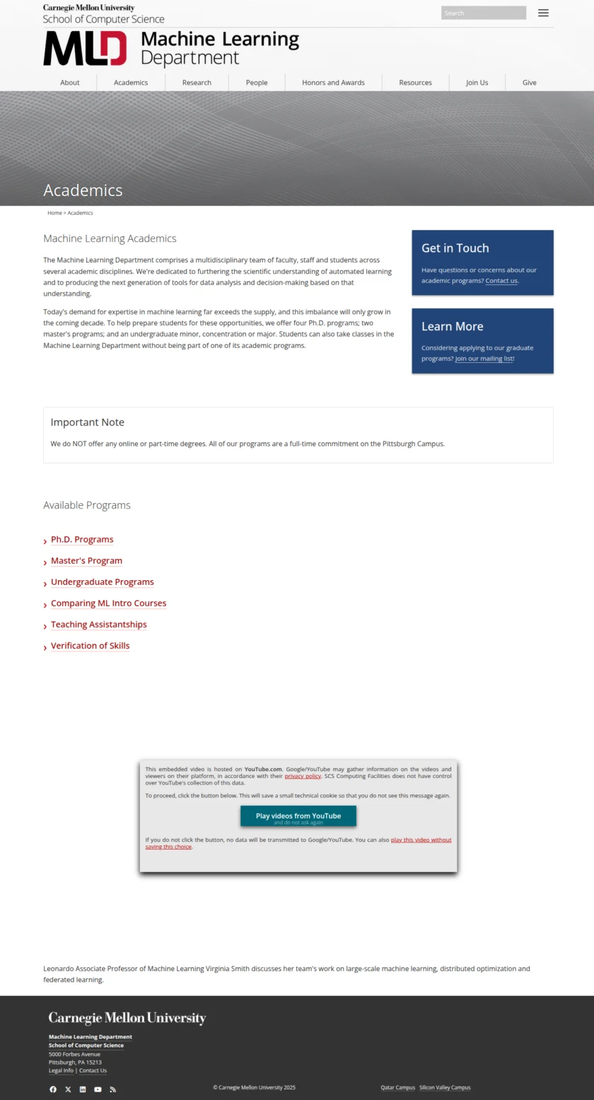 这张 Academics 页面截图说明官网提供系统化的学术项目与培养路径入口，适合申请者和长期学习者查看课程与项目结构。