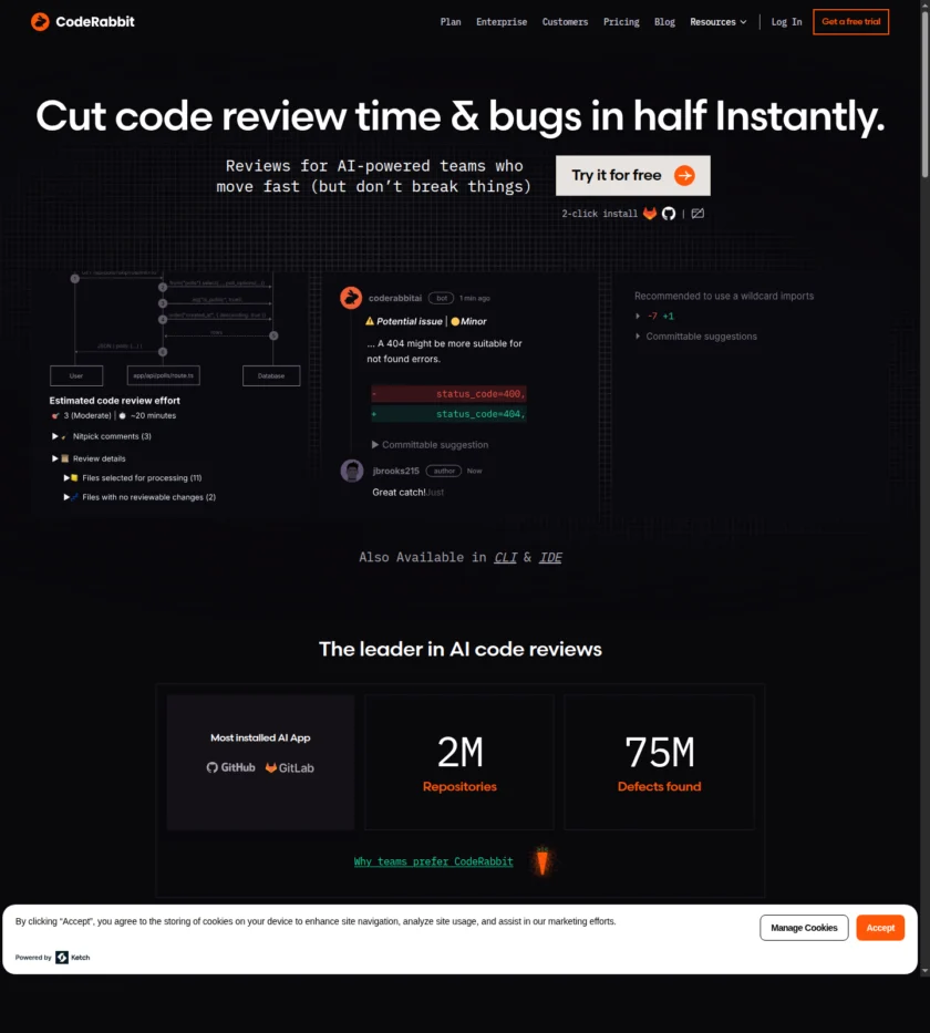 CodeRabbit 官方首页截图