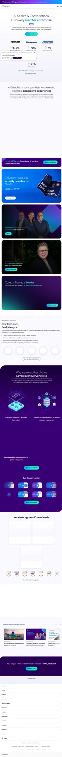 这张首页截图展示了 Coveo 将自己定义为 AI Relevance Platform，并突出 AI-Search、Conversational Discovery 与 Agentic AI，能直接证明其企业级产品定位。