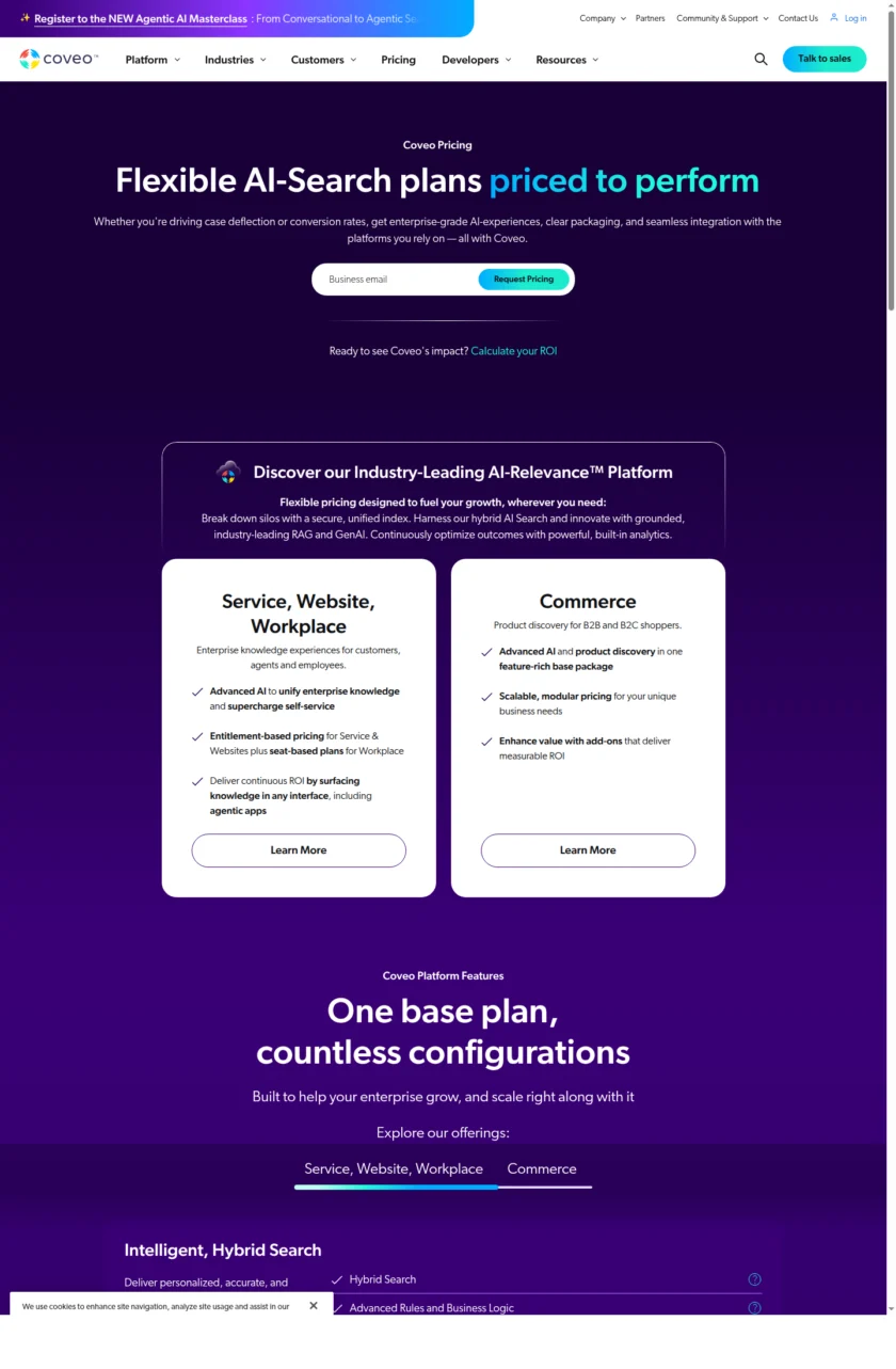 这张 Pricing 页面截图证明 Coveo 对外提供独立定价/商业咨询入口，因此在 bundle 中需要补充专门的 pricing_or_licensing 证据。
