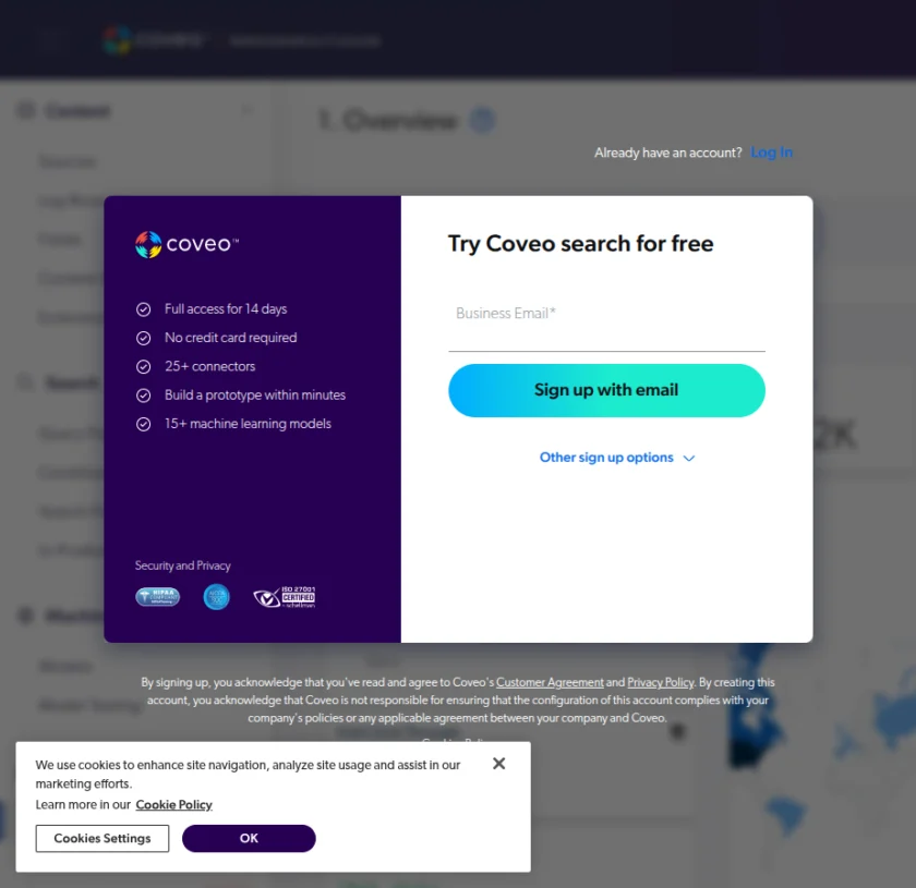 截图来自 Coveo 的 Get Started / Free Trial 入口，说明官方提供试用与销售转化路径，适合企业先进行方案验证再推进采购。