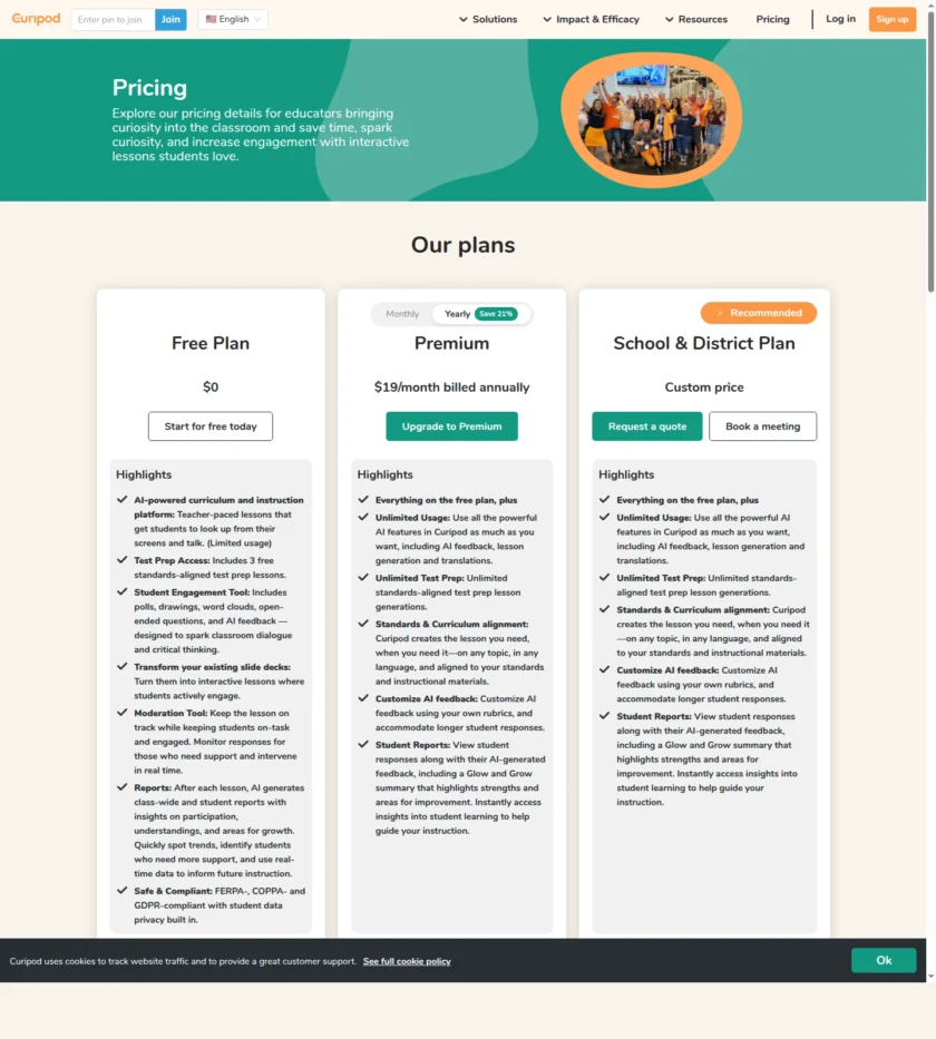 Curipod Pricing 页面截图