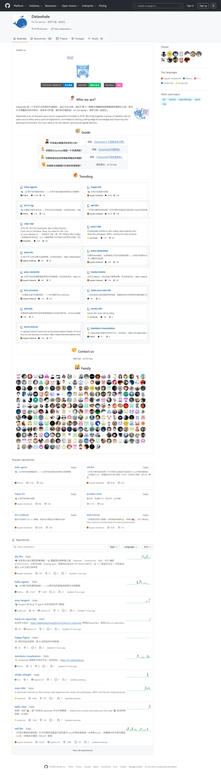 Datawhale GitHub 组织页与开源项目示意