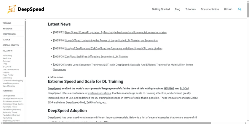 DeepSpeed 官网首页展示 ZeRO 与训练加速定位