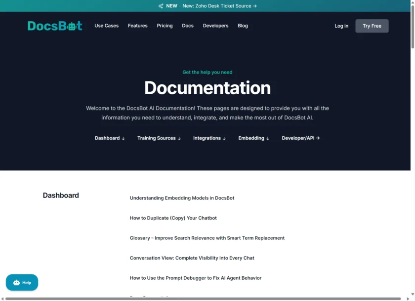 DocsBot AI 文档与接入页面截图
