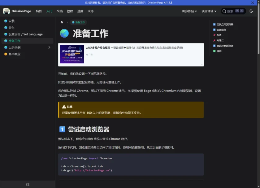 DrissionPage 官方文档快速上手指南，展示从安装到首次使用的完整流程