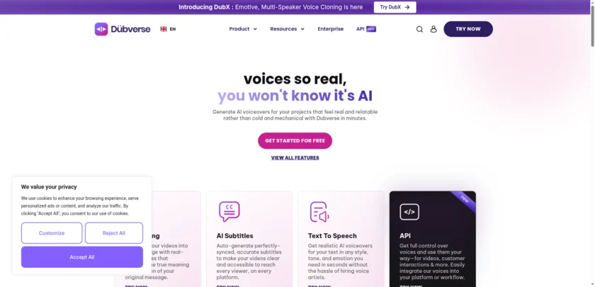 Dubverse 官网首页与核心功能入口