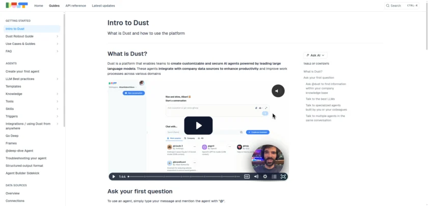 Dust 文档中的创建首个 agent 指南页面