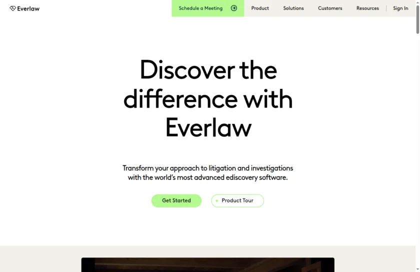 Everlaw 官网首页展示其云原生电子证据开示平台定位，以及面向法律专业用户的核心价值主张。