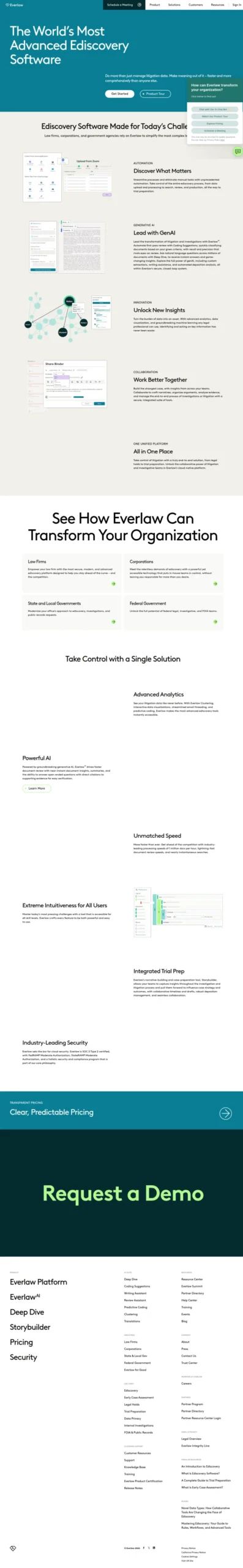 Everlaw Platform 官方页面截图，用于说明其端到端电子证据开示平台、协作能力与产品交付方式。