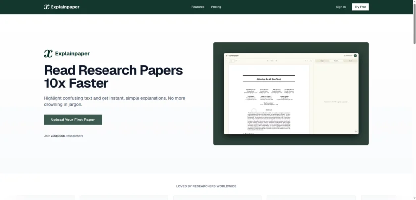 Explainpaper 官网首页，展示高亮论文内容并获取 AI 解释的核心定位