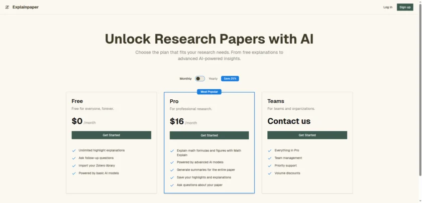 Explainpaper 功能区或产品说明页面，展示论文解释、问答与结构化洞察能力