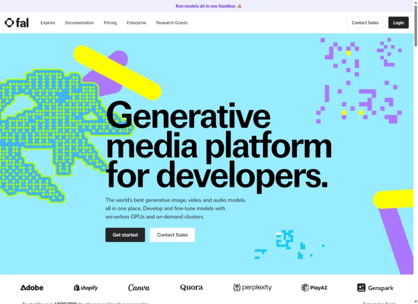 Fal.ai 官网首页截图，展示其面向开发者的生成式媒体平台定位、统一 API、无服务器 GPU 与模型部署能力。