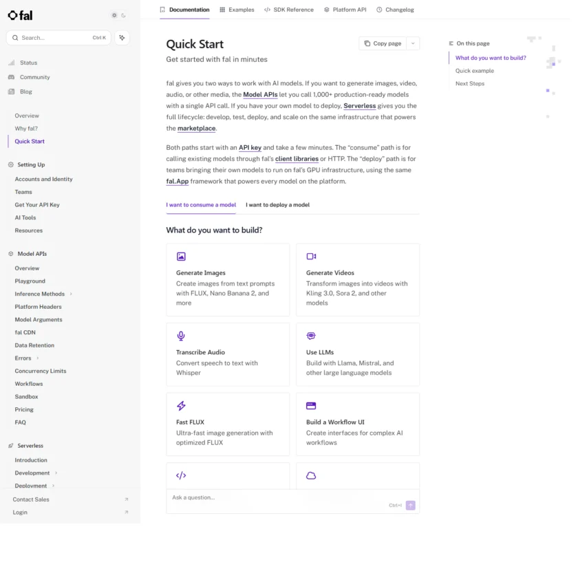 Fal.ai Quick Start 文档截图，展示官方 quick start 入口和从模型 API 调用开始的上手路径。