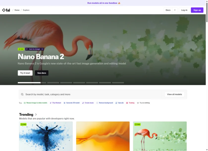 Fal.ai Explore 页面截图，展示热门模型、模型卡片与开发者模型分发入口。