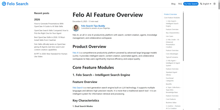 Felo Search 搜索结果页面，展示多来源引用和 AI 生成回答