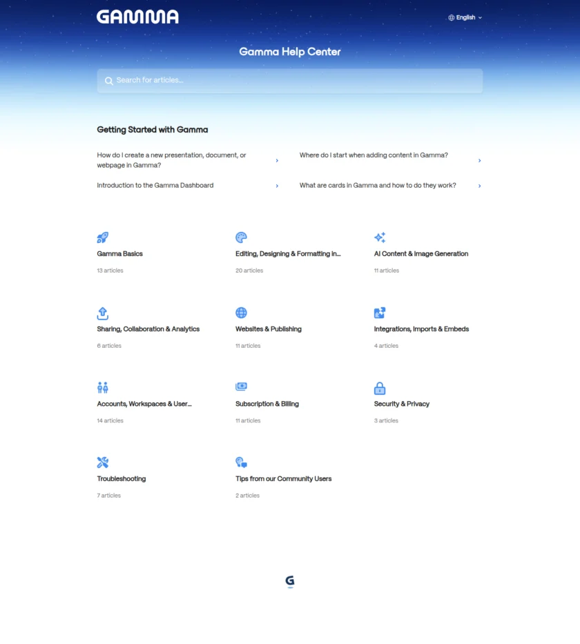 Gamma 发布或分发页面截图