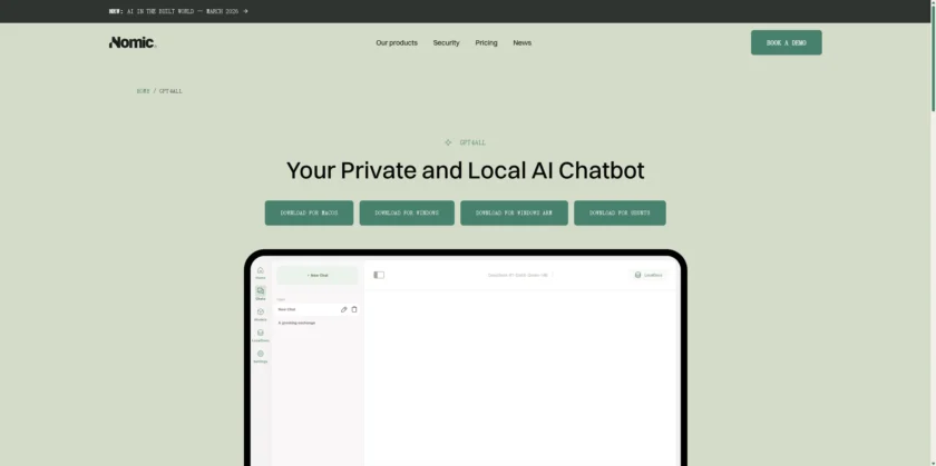 GPT4All 官网首页展示下载入口与桌面端定位