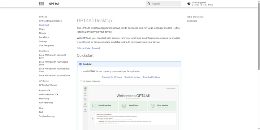 GPT4All Quickstart 文档展示本地安装与启动流程