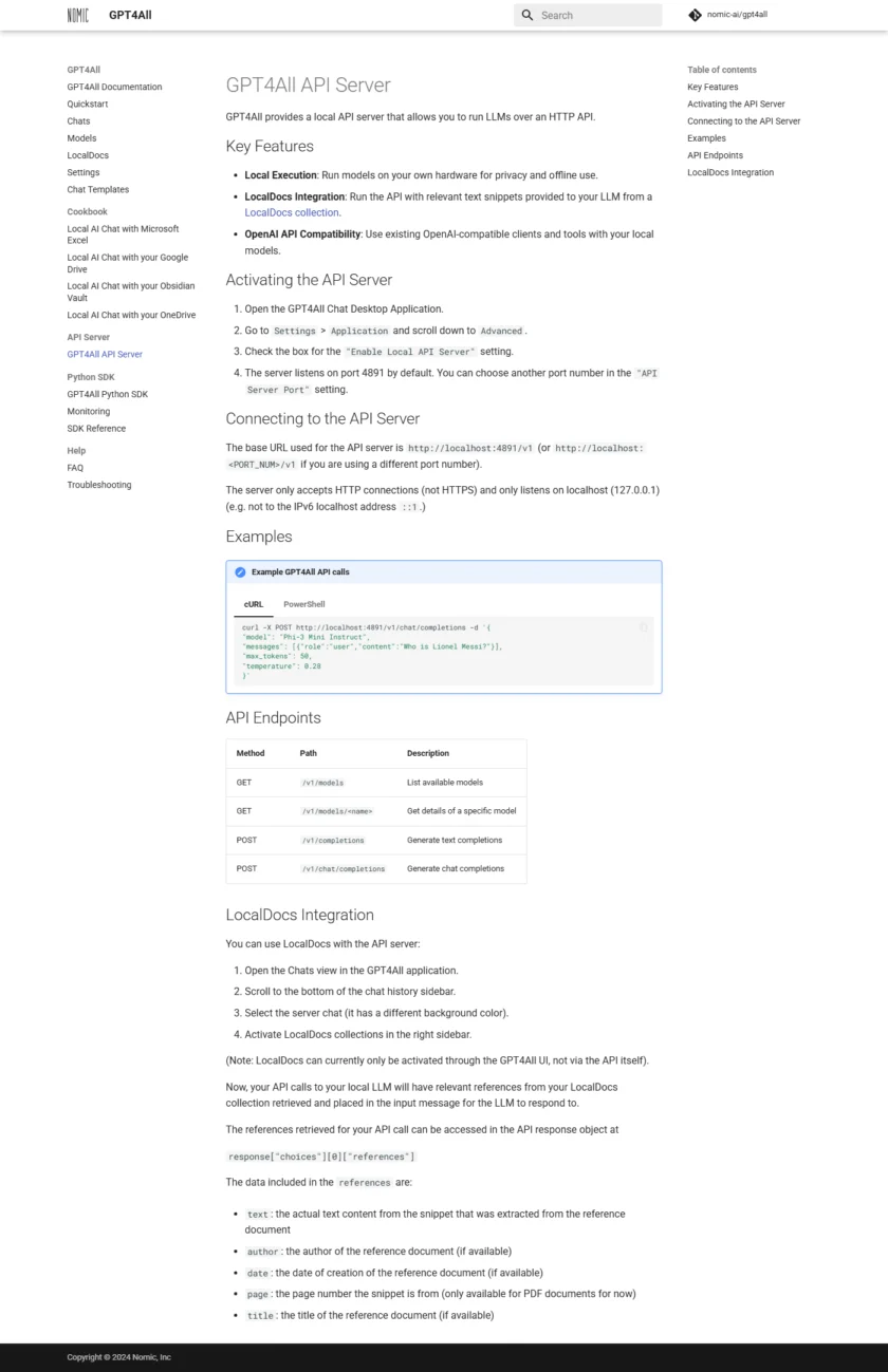 GPT4All API Server 文档展示本地服务接入方式