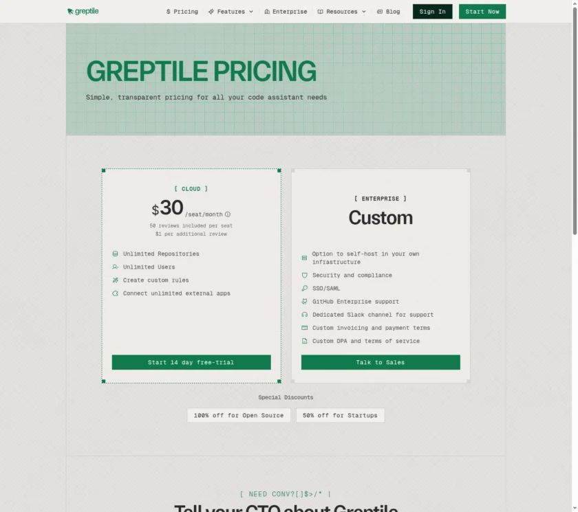 Greptile Pricing 页面展示 14 天免费试用与商业化团队方案入口。