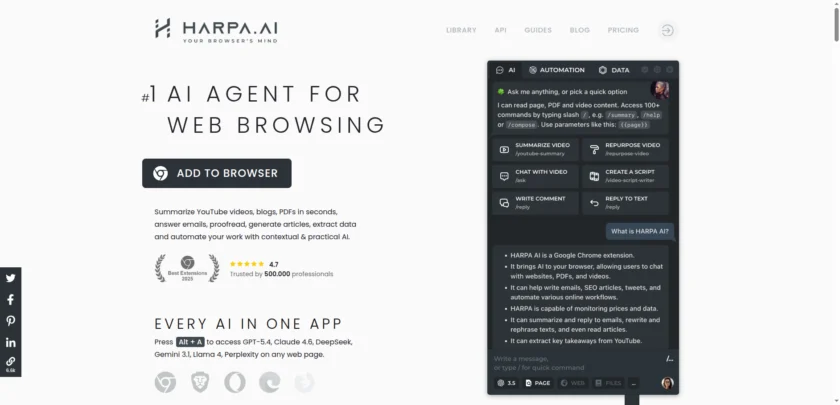 HARPA AI 官网首页，展示浏览器 AI Agent 与多模型接入能力