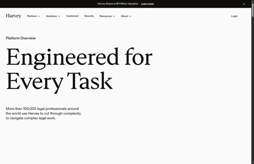 Harvey 平台页展示 Assistant、Vault、Workflow Agents 与集成生态